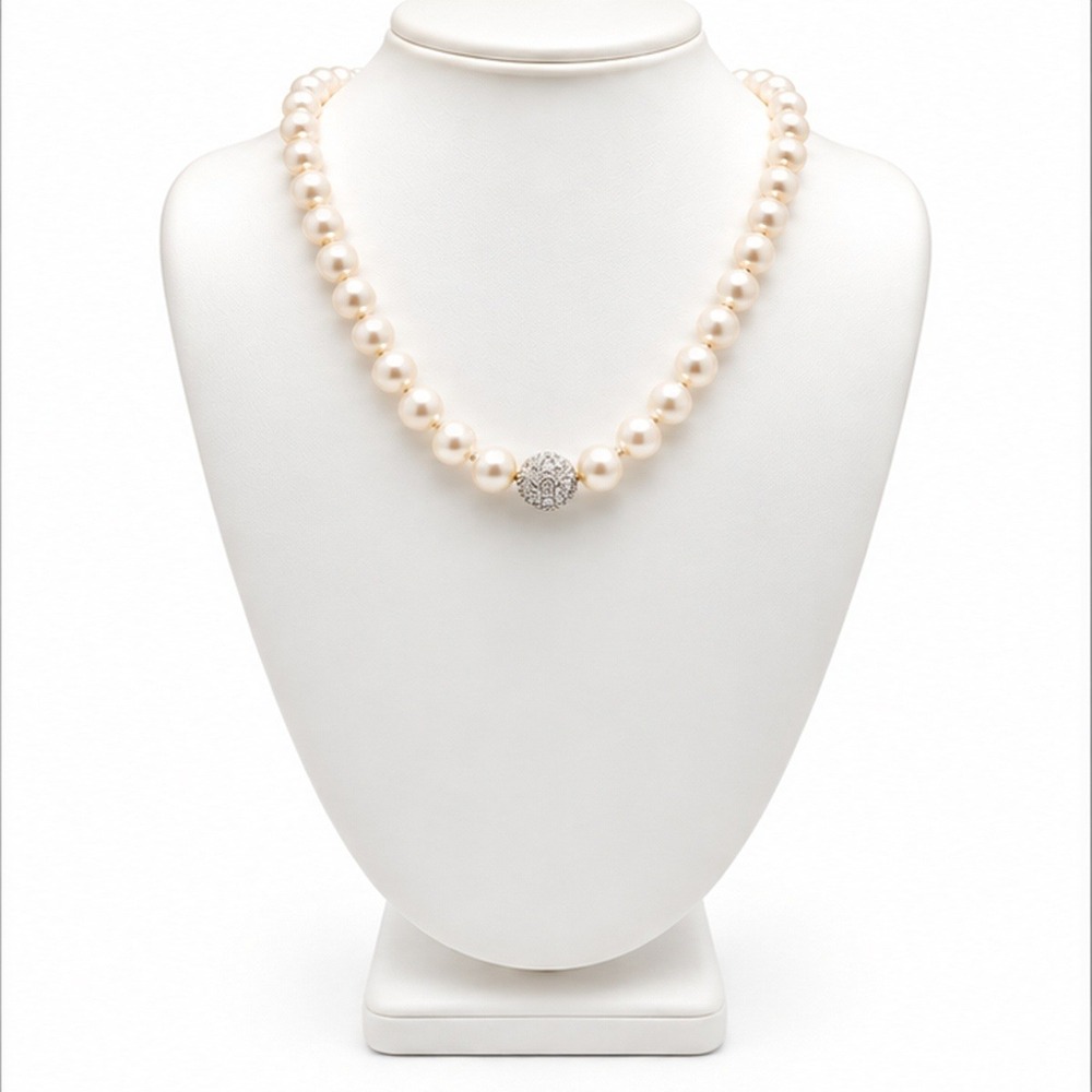 RMN Vintage Faux Pearl Necklace Pave Crystal Ball Accent Signed 18 Inch Cream